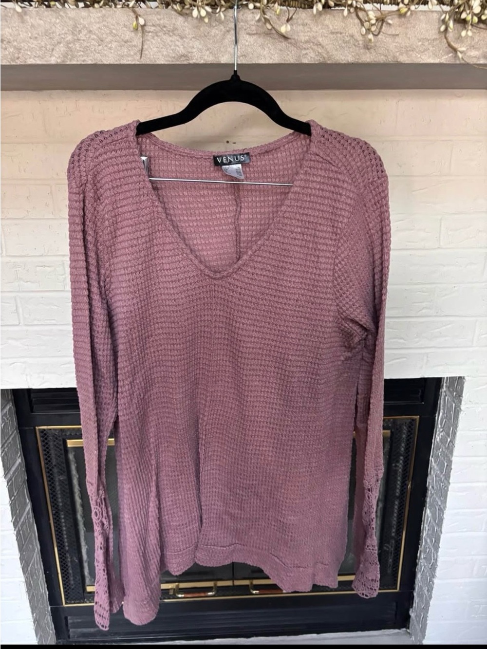 VENUS Mauve V-Neck Waffle Knit Long Sleeve Top